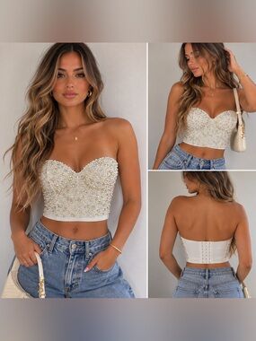 Pearl & Rhinestone Embellished Corset Crop Top